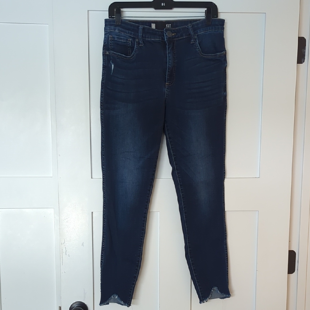 Kut from the Kloth Dark Blue High-Rise Raw Hem Skinny Jeans, Size 10